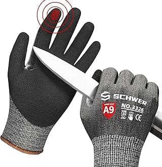 Schwer Highest Level Cut Resistant Work Gloves for Extreme Protection, ANSI A9 Working Gloves with Sandy Nitrile Coated, Touch-screen, Compatible, Durable, Machine Washable, Black 1 Pair（L）