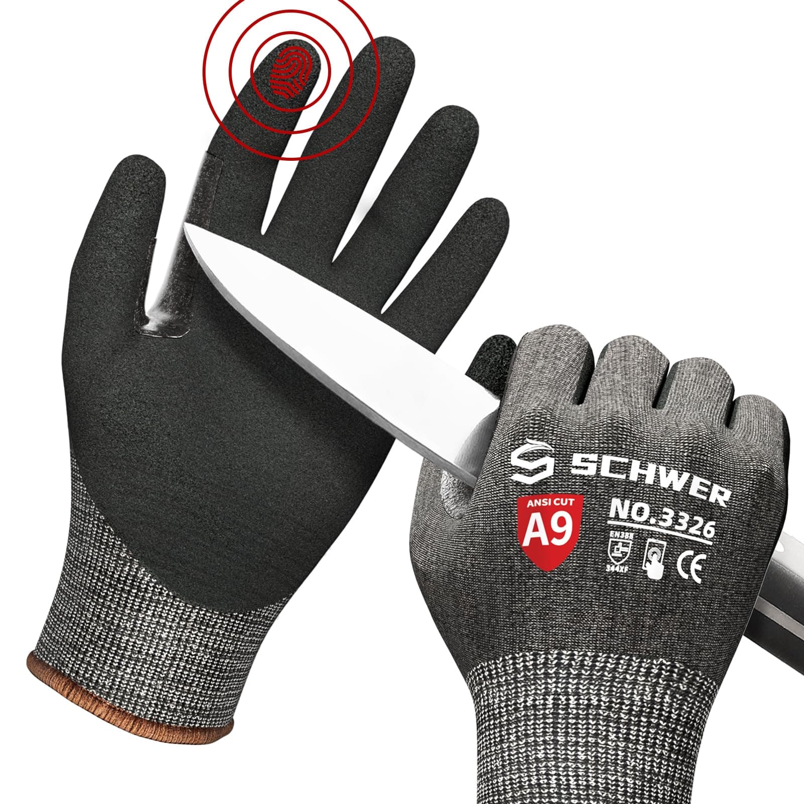 Schwer ProGuard Highest Level Cut Resistant Work Gloves PR3326 for Extreme Protection，ANSI A9 Cut Gloves with Reinforced Thumb, Non Slip, Breathable, Durable, Touch-screen, PFAS Free, Black 1 Pair（M）