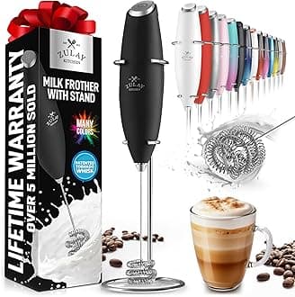Zulay Kitchen Tornado Milk Frother Handheld Wand – Electric Coffee Frother with Triple Whisk & Stand – Hand Held Drink Mixer for Latte, Cappuccino, Matcha, Hot Chocolate, Protein Shakes – Black