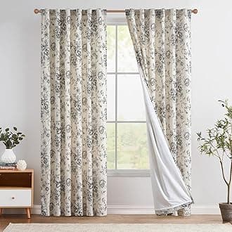 jinchan Lined Linen Blend Curtain Floral Curtains for Living Room 84 Inches Long Black Peony Flower Printed Curtain Back Tab Farmhouse Patterned Drapes Bedroom Window Curtains Set 2 Panels