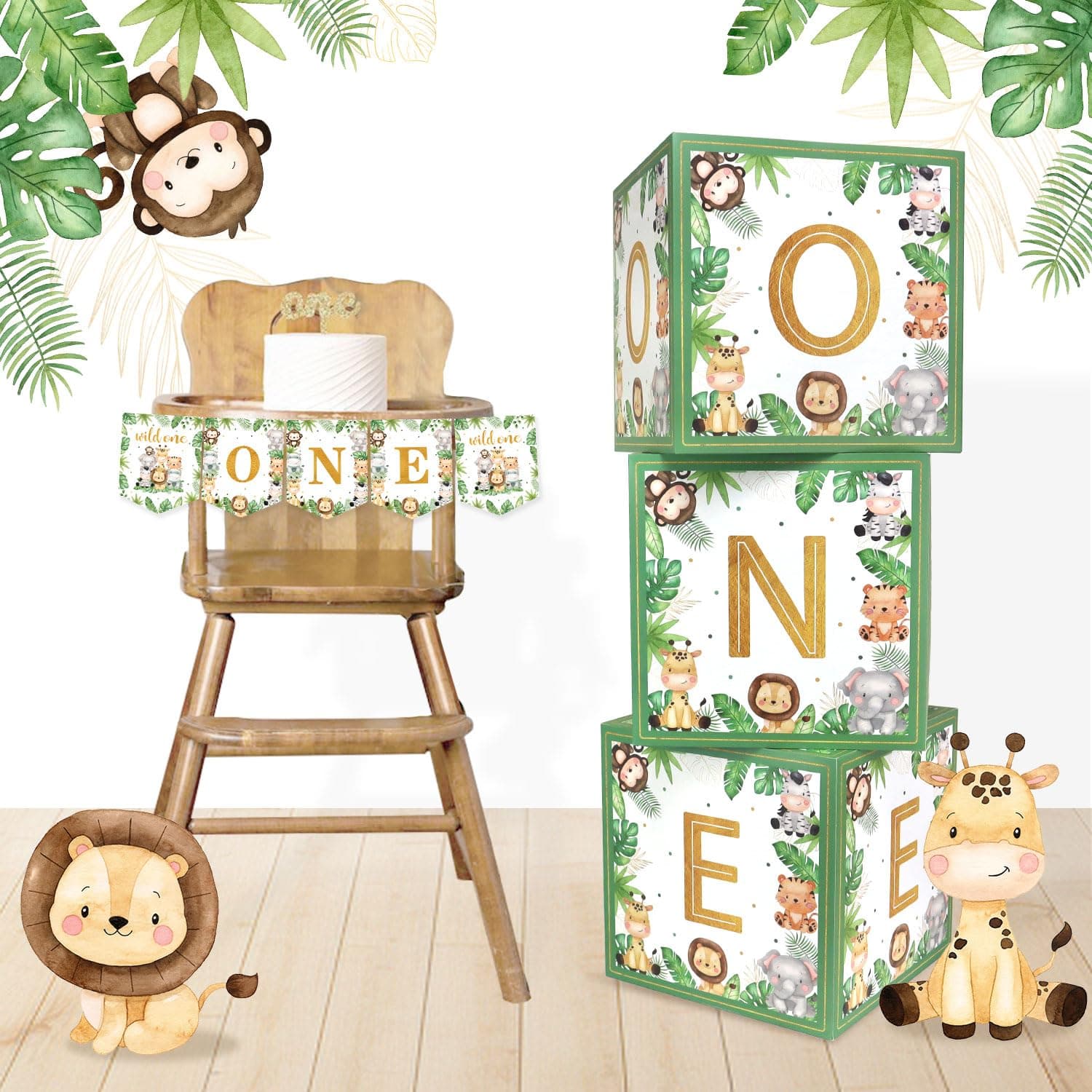 Wild One Birthday Decorations Boxes for Boys, 3 Pack One Boxes for 1st Birthday Decorations for Boys Balloon Paper Box with ONE Banners, Baby Boy Safari Party Supplies