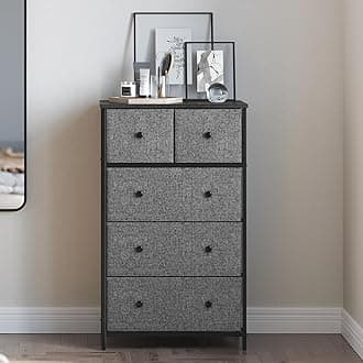 SONGMICS Chest of Drawers, Fabric 5-Drawer Storage Organiser Unit, Dresser, for Living Room, Hallway, Nursery, Grey and Black with Wood Grain LTS514G22