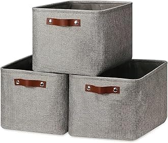 Mangata 33x38x33CM Storage Cube Boxes, Collapsible Linen Woven Fabric Storage Baskets, Cube Closet Organizer with Leather Handles (Grey)