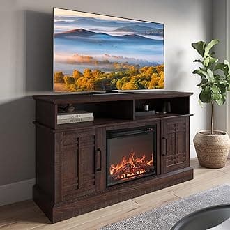 BELLEZE Modern 47 Inch Farmhouse TV Stand with 18 Inch Electric Fireplace & Media Entertainment Center Console Table for TV up to 50 Inch with Open Storage Shelves & Cabinets - Norrell (Espresso)
