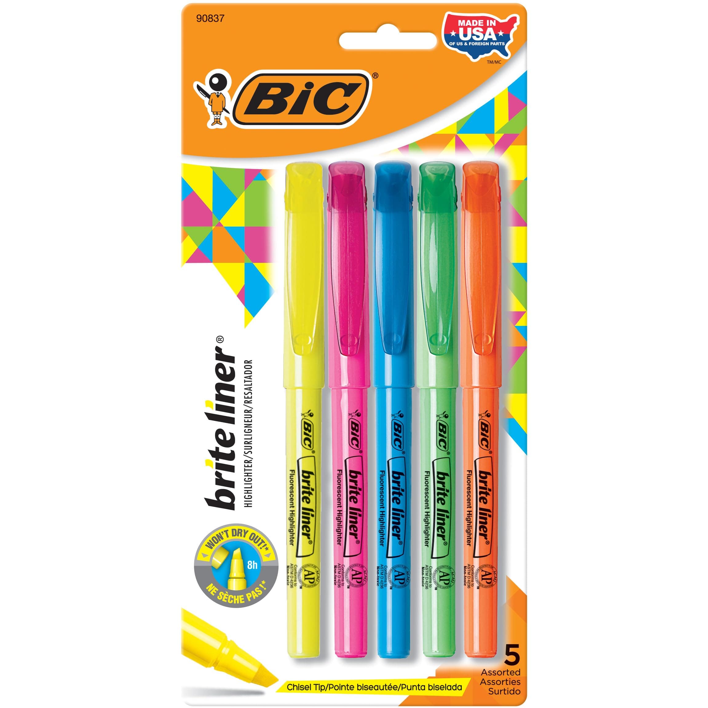 Brite Liner Highlighters, Chisel Tip, 5-Count Pack of Highlighters Assorted Colors, Ideal Highlighter Set for Organizing and Coloring