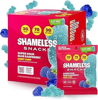 Shameless Snacks -Super Sour Blue Raspberry- Gummy Candy, Sour Candy, Vegan Candy, Healthy Snacks, Sour Gummy Candy, Gummy snacks, Keto Candy, Keto Gummies - 6 Pack Sour