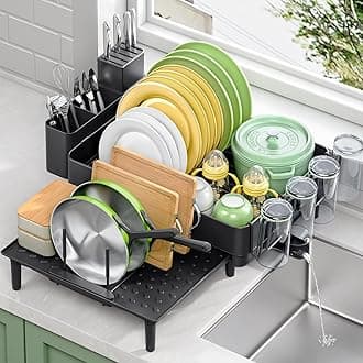 Large Dish Drying Rack for Kitchen Counter, Expandable 304 Stainless Steel Dish Rack, Black Foldable Dish Drainer Rack, Extendable Dish Dryer Rack with Cup & Cutlery Holder