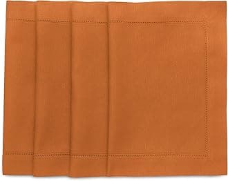 Solino Home Placemats 19" L x 14" W Inch - Cotton Linen Hemstitch Pumpkin Cloth Placemats Set of 4 - Washable Fabric Place Mats