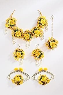 ZENEME Jewellery Flowers Jewellery Set For Haldi Gota Patti Necklace, Earrings, Bracelet & Maang Tika for Women & Girls (Mehandi/Haldi/Wedding/Bridal/Baby Shower)