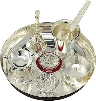 Silver Plated Pooja Thali Set 6 Inch Ganesh Lakshmi Coin Bowl Glass Spoon Ghanti Diya Kumkum Holder Puja Decorative Items for Home Mandir Office Wedding Return Gift Items