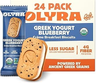 Olyra Greek Yogurt Blueberry Sandwich Breakfast Biscuits, Healthy Snacks for Adults and Kids, Low Sugar, High Fiber, Organic Cookies, USDA Certified Organic, Non GMO, 24 Packs