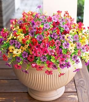 HyeFlora Artificial Flowers for Outdoor Indoor Garden Home Decoration, Faux Flower Daisy Eucalyptus Leaves Fake Plants Greenery Boxwood Porch, 12 Bundles (Pink Red Purple Yellow) Bakset Not Included