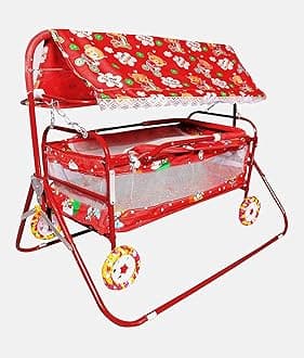 AVANI METROBUZZ Mosquito Net Jhulla Cradle with Swing for New Born Baby 1-2 Years Babies-Newborn Baby Cotton Baby Sleep Swing Cradle-Baby Jhula Jhoola Set with Mosquito Net and Spring (EvaRed)