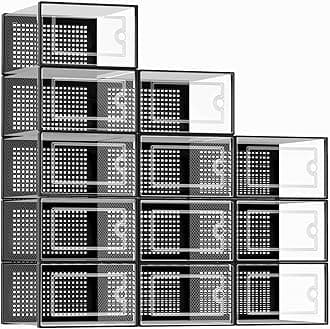 Kuject Shoe Organizers Storage Boxes for Closet, 12 Pack Clear Plastic Stackable Storage Bins with Lids, Under Bed Shoe Containers for Entryway, Drop Front, Fit up to Women's Size 10,Black