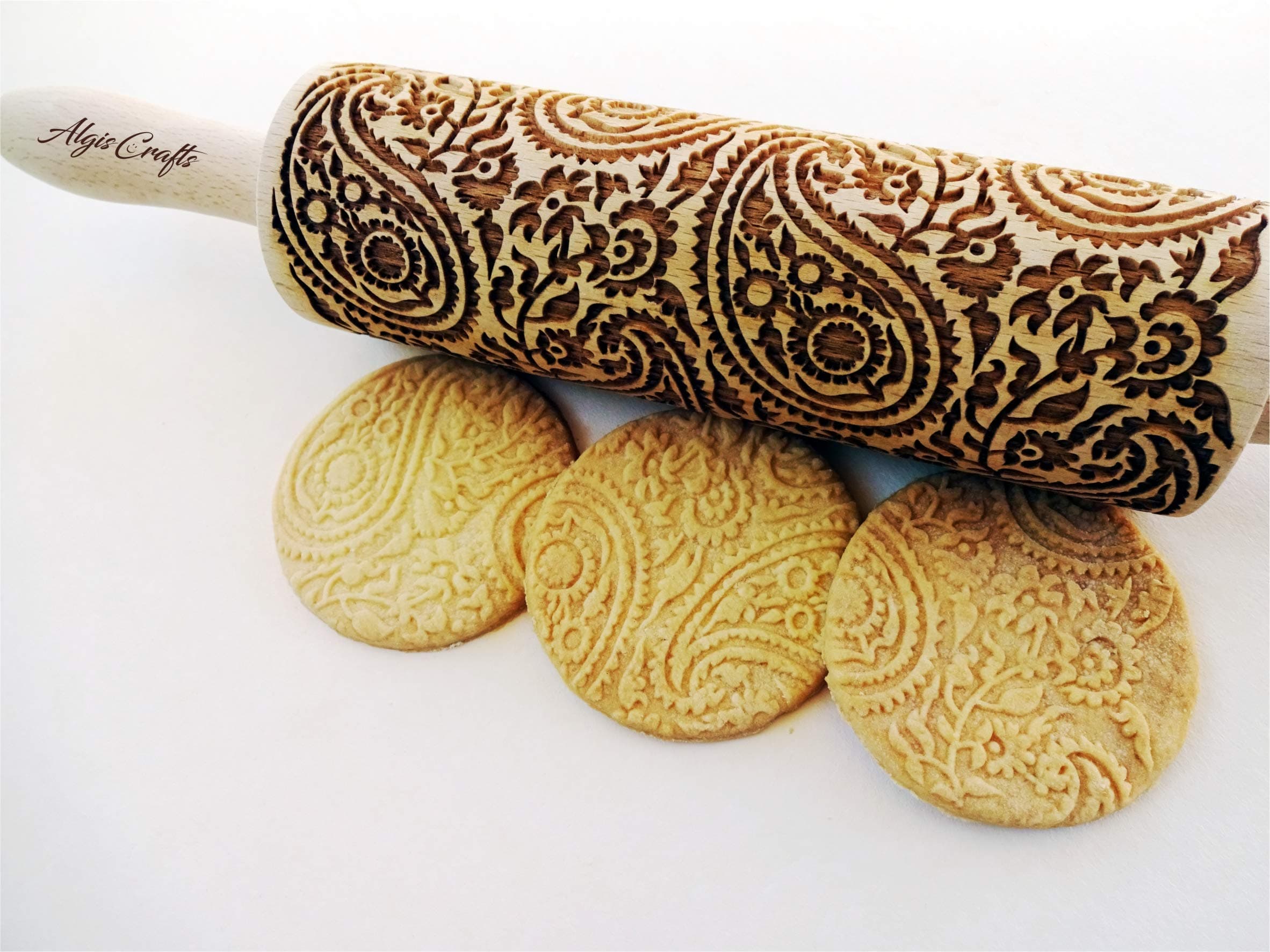 PAISLEY Embossing Rolling Pin with Oriental Pattern. Dough Roller for Embossed Cookies and Pottery by Algis Crafts