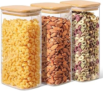 1.8 Qt Rectangle Glass Storage Containers with Lids, Glass Jars with Bamboo Lids, Clear Food Storage Jar, Sugar Coffee Containers, Pantry Storage Container for Pasta Rice Flour Oats Nuts Tea