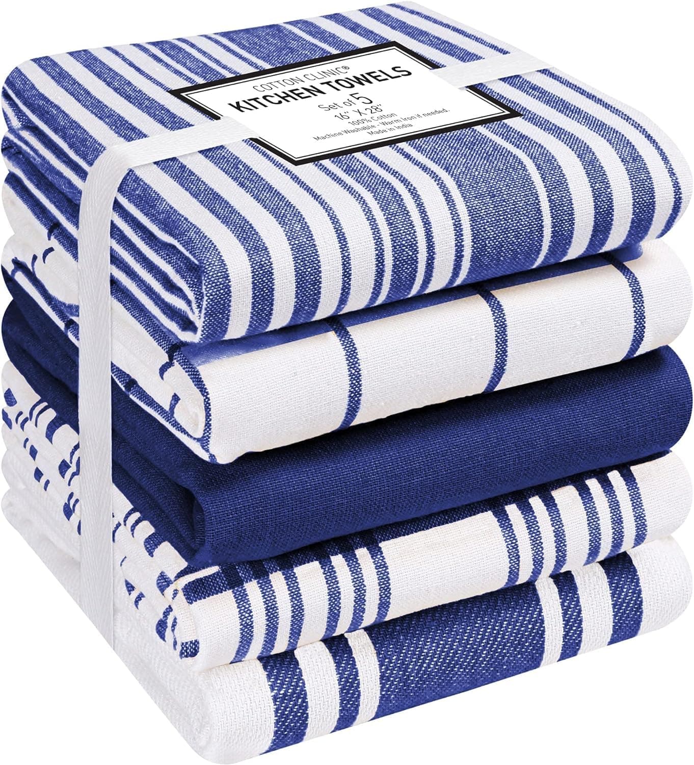 Cotton Clinic Assorted Kitchen Towels 5 Pack – Soft Absorbent Quick Drying Table & Kitchen Linen - Dish Towels, Dish Cloths, Tea Towel and Cleaning Towel with Hanging Loop – 16x28 / Navy White