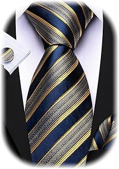 Barry.Wang Stripe Men Ties Set Classic WOVEN Necktie with Handkerchief Cufflinks Formal