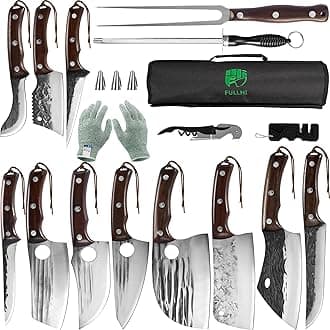 FULLHI 17pcs Butcher Chef Knife Set include sheath High Carbon Steel Cleaver Kitchen Knife Whole Tang Vegetable Cleaver Home BBQ Camping with Knife Bag