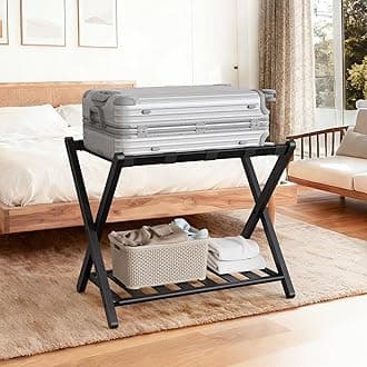 26.77"L Luggage Rack, Black Luggage Rack for Guest Room, Bamboo Folding Suitcase Stand with Storage Shelf, 5 Nylon Straps, Heavy Duty Luggage Holder for Bedroom Hotel, 1 Pack, Gift Box Packaging