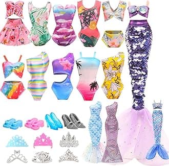 Miunana 18 pcs Doll Clothes and Accessories Include 2 Fishtail Dresses 2 Mermaid Tail Swimsuits 4 Fashion Bikini Swimsuits 2 Slippers 2 High Heels 6 Crowns Random Style for 11.5 inch Girl Dolls