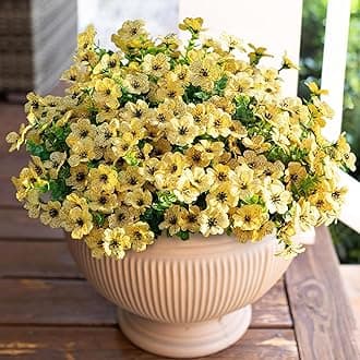 HyeFlora Artificial Fall Flowers Faux Mums for Outdoor Indoor Garden Home Decoration, Faux Flower Daisy with Eucalyptus Leaves Fake Plants Greenery Boxwood Porch Patio, 12 Bundles (Yellow)