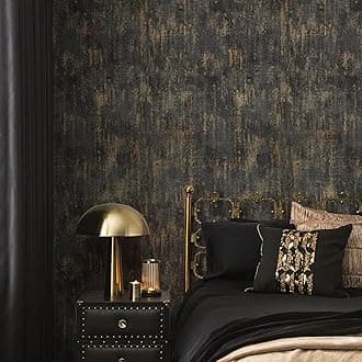 Simon&Siff Black and Gold Distressed Wallpaper 17.3in x 19.68ft Industrial Metallic Textured Wall Paper Non-Woven, Non-Pasted