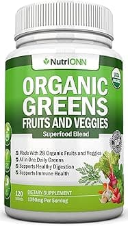 Organic Super Greens Capsules - Fruit And Vegetable Supplements - 120 Count - 28 USDA Organic & Vegan Premium Ingredients - Superfood Blend For Immune Health, Digestion & Energy - Whole Food Vitamins