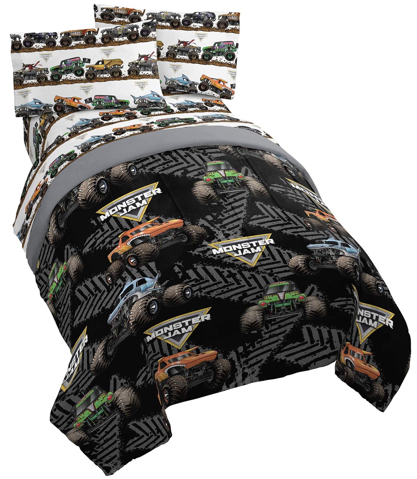 Monster Jam 5 Piece Queen Bed Set - Includes Comforter & Sheet Set - Grave Digger & Megalodon - Super Soft Fade Resistant Microfiber