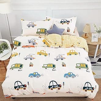 DJY Cars Kids Duvet Cover Set Full Size, 3 Pieces 100% Cotton Kids Bedding Set for Boys Girls, Reversible Yellow Stripes Comforter Cover Set (1 Duvet Cover+2 Pillowcases)