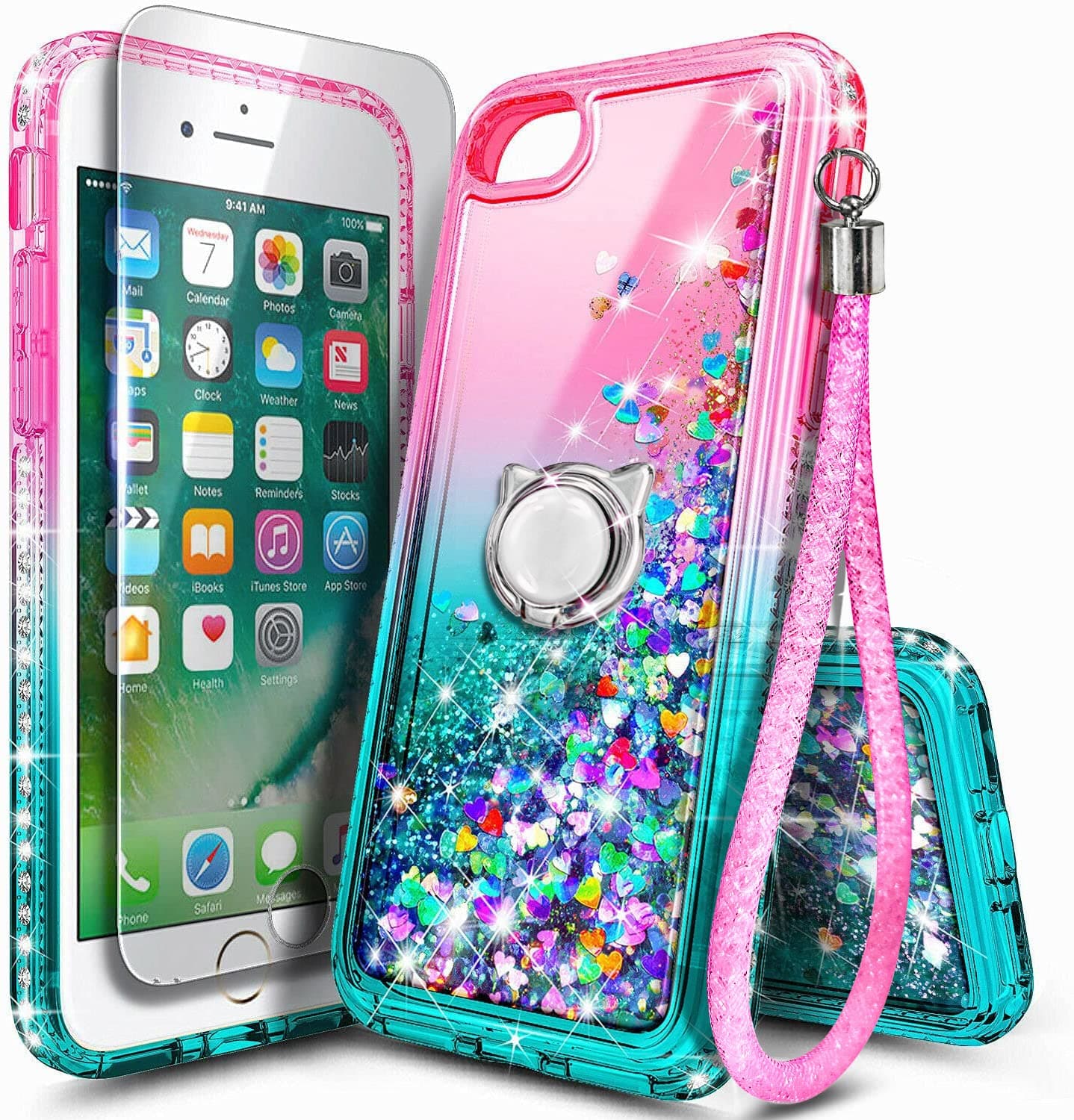 - NGB Designed for iPhone SE (3rd 2022 & 2nd Gen 2020)/iPhone 8/7/6/6S Case, Pink/Aqua | Glitter Liquid Cute Cover for Women Girls Kids | with Tempered Glass Screen Protector & Ring Holder-Wrist Strap
