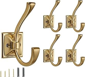 5 Pack Decorative Heavy Duty Towel Hooks for Hanging Robe Double Brushed Brass Coat Hooks Wall Mounted with Screws for Key, Towel, Bags, Cup, Hat