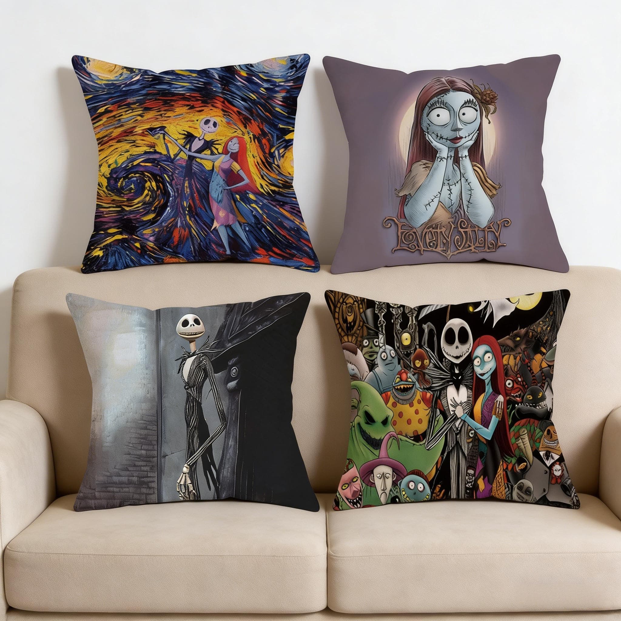 Nightmare Before Christmas 4-Piece Square Throw Pillow Case, Nightmare Before Christmas Decorations Cushion Cover Pillowcases, Nightmare Before Pillow Cover for Livingroom Sofa Bedroom