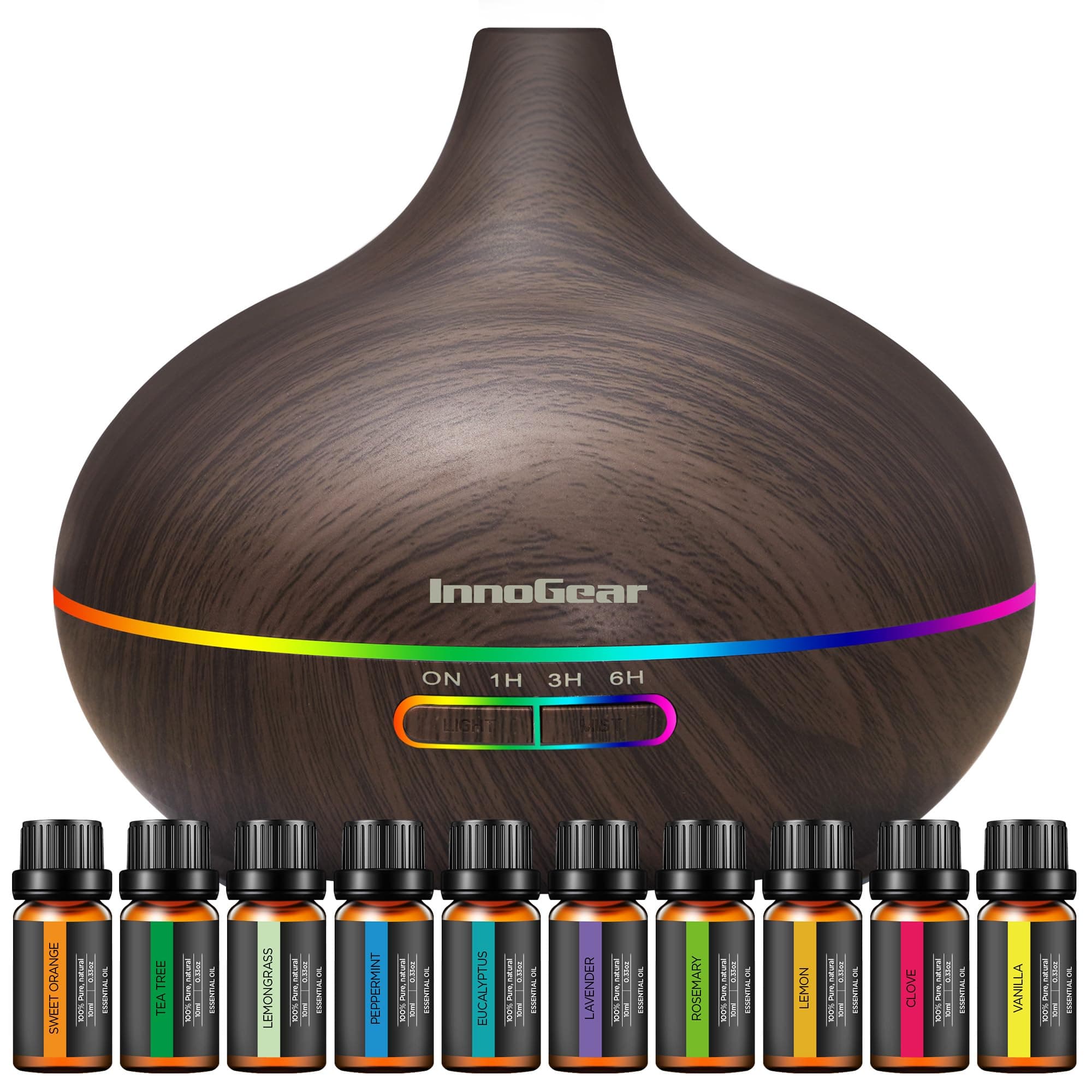 InnoGear Aromatherapy Diffuser & 10 Essential Oils Set, 400ml Diffuser Ultrasonic Diffuser Cool Mist Humidifier with 4 Timers 7 Colors Light Waterless Auto Off for Valentine's Gift, Dark Wood Grain
