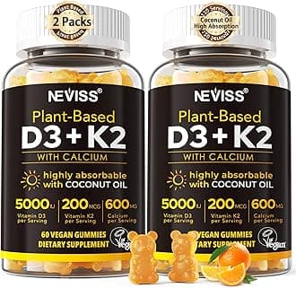 - Vitamin D3 5000iu & K2( as MK7 ) 200mcg Gummies + 600mg Calcium, with Coconut Oil for High Absorption, Maximum Strength Vitamin D3 K2 Supplement - Support for Bones Muscle Teeth Immune, Vegan 2Packs