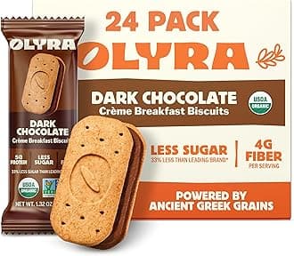 Olyra Dark Chocolate, Sandwich Breakfast Biscuits, Healthy Snacks for Adults and Kids, Low Sugar, High Fiber, Organic Vegan Cookies, with Ancient Greek Grains, USDA Certified Organic, Non GMO, 24 Packs