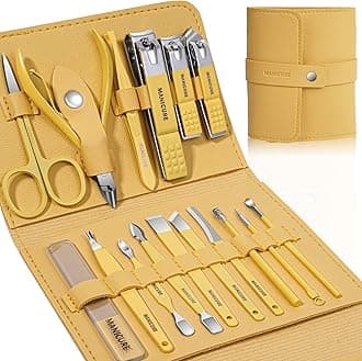 Manicure Set Professional Nail Clippers Pedicure Kit, 16 pcs Stainless Steel Nail Care Tools Grooming Kit with Luxurious Travel Leather Case for Thick Nails Men Women Gift (Yellow)