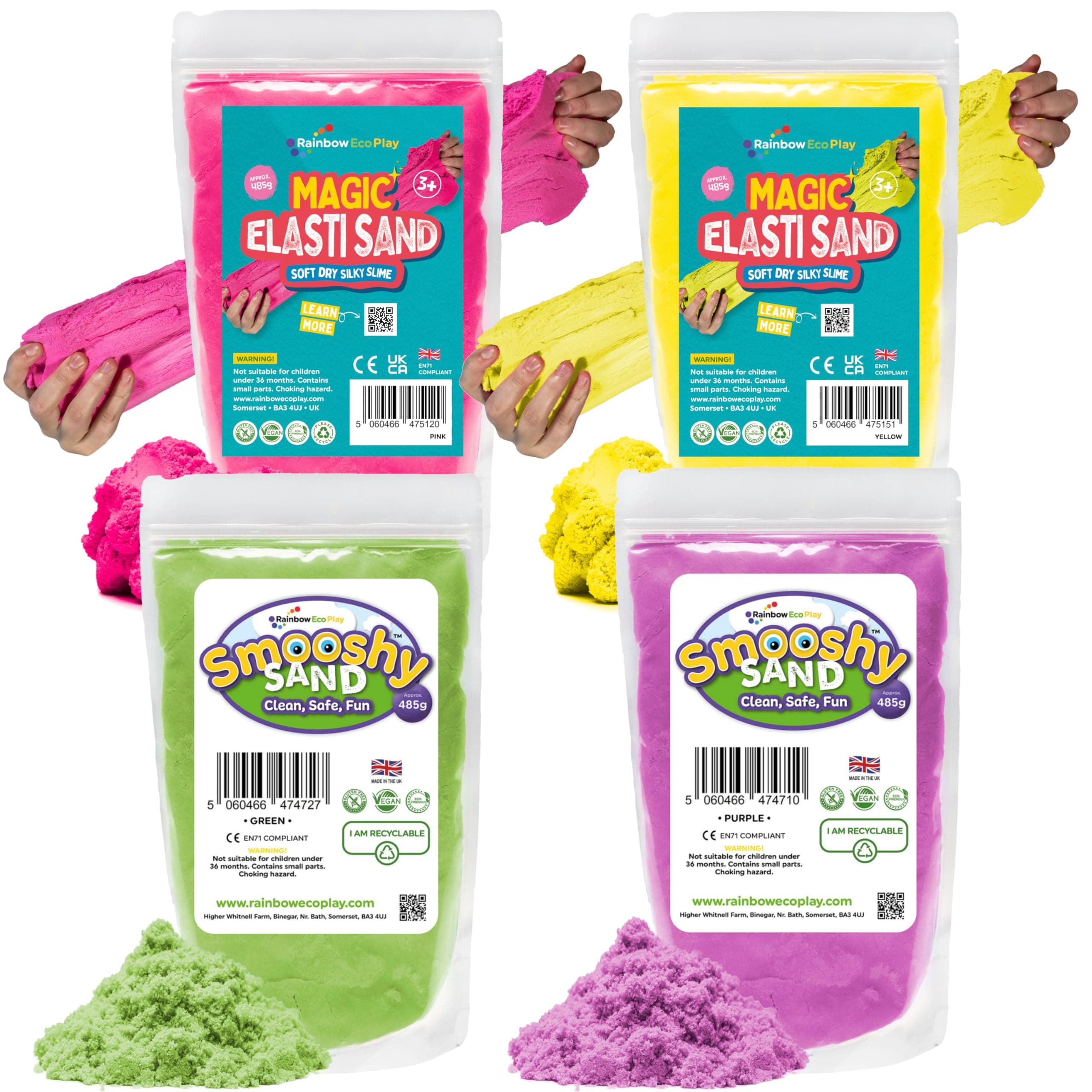 – Magic Sand Elasti and Smooshy - Assorted Colours – 4 x 485g - Childrens Coloured Sand for Kids - Moulding and Stretchy - Ideal for Sensory Play