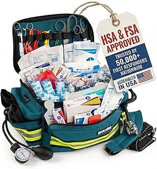 First Responder Fully-Stocked Professional Essentials EMT/EMS Trauma Kit | HSA/FSA Approved | Reflective Bag w/8 Zippered Pockets & Compartments & 200+ First Aid Supplies - Blue