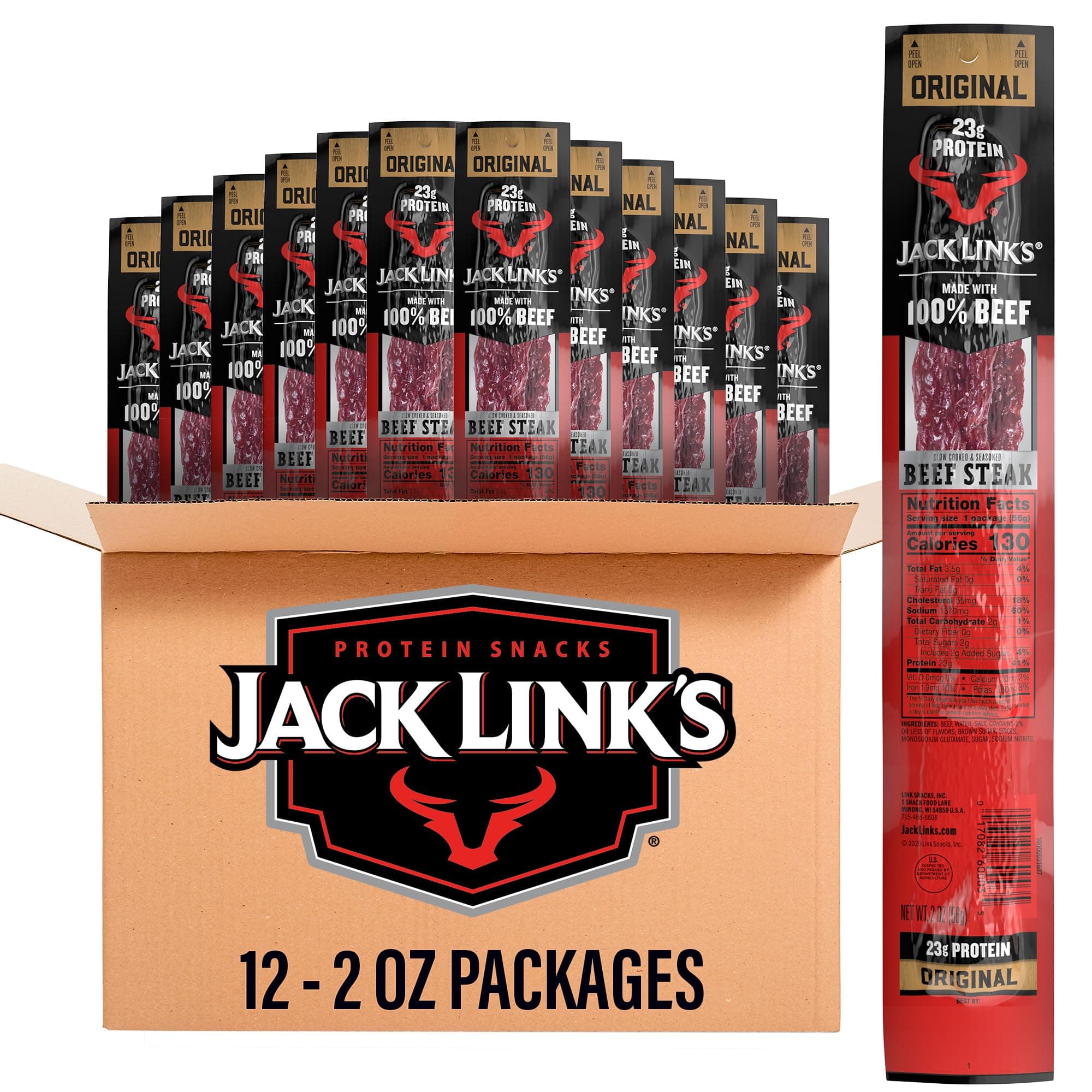 - Jack Link's Beef Steak, Original - Protein Snacks, Beef Jerky Meat Snack with 23g of Protein, Made with 100% Beef, Individually Wrapped Bulk Snack Pack, Keto Friendly - 2 Oz. (12 Count)