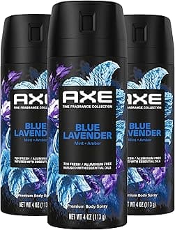 Fine Fragrance Collection Premium Deodorant Body Spray for Men Blue Lavender 3 Count with 72H Odor Protection and Freshness Infused with Lavender, Mint, and Amber Essential Oils 4 oz