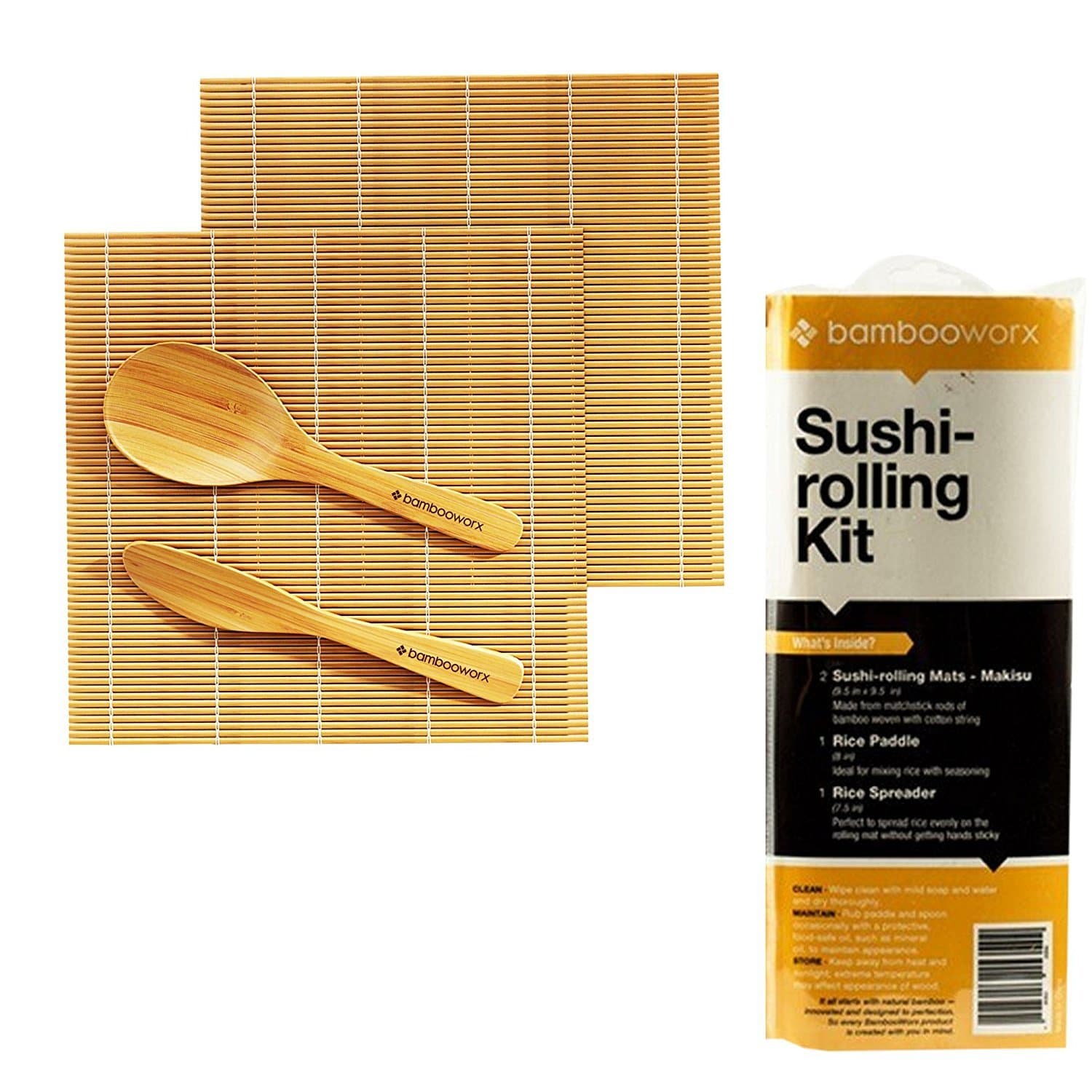 BAMBOOWORX Sushi Making Kit – Includes 2 Sushi Rolling Mats, Rice Paddle, Rice Spreader |100% Bamboo Sushi Mats and Utensils.