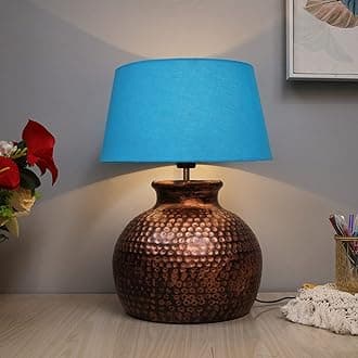 Homesake Antique Hammered Table Incandescent Lamp Oil-Rubbed Bronze Metal Linen Drum Shade For Living Room Family Bedroom, (Pot, Turquoise)