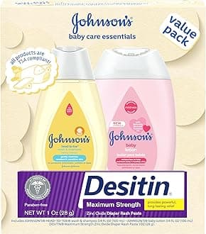 Johnson's Baby Care Essentials Gift Set, Baby Skincare Set with Body Wash & Shampoo, Body Lotion, & Zinc Oxide Diaper Rash Paste for Baby's Delicate Skin, Value Pack, Travel-Size, 3 Items