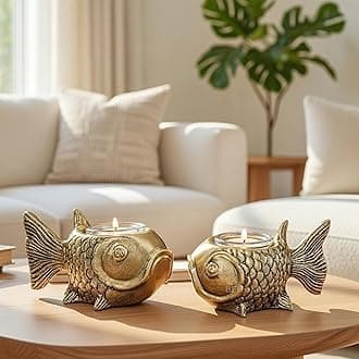 BEHOMA Metal Fish Aluminum Figurine with Votive Good Luck and Success | Candle Holder for Home Decor Tabletop Living Room | Showpiece for Valentine's Day, Birthday, Gold,13.5 Cm,7.5 Cm