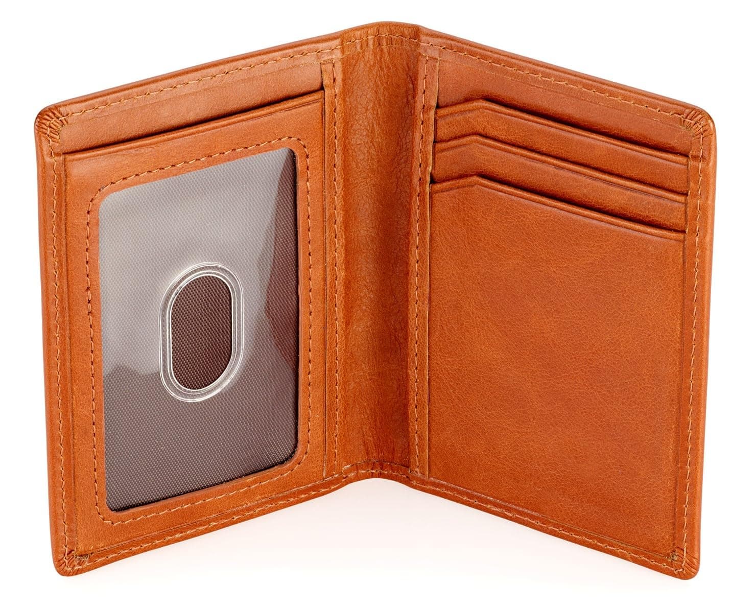 Men's Slim Front Pocket Wallet - RFID Blocking, Thin Minimalist Bifold Design, Genuine Leather - ID Badge Window and 5 Sleeves for Money, Credit and Debit Cards, Driver's License - Brown