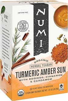 Numi Tea Organic Amber Sun Turmeric Tea, 15 Herbal Tea Bags, Caffeine Free