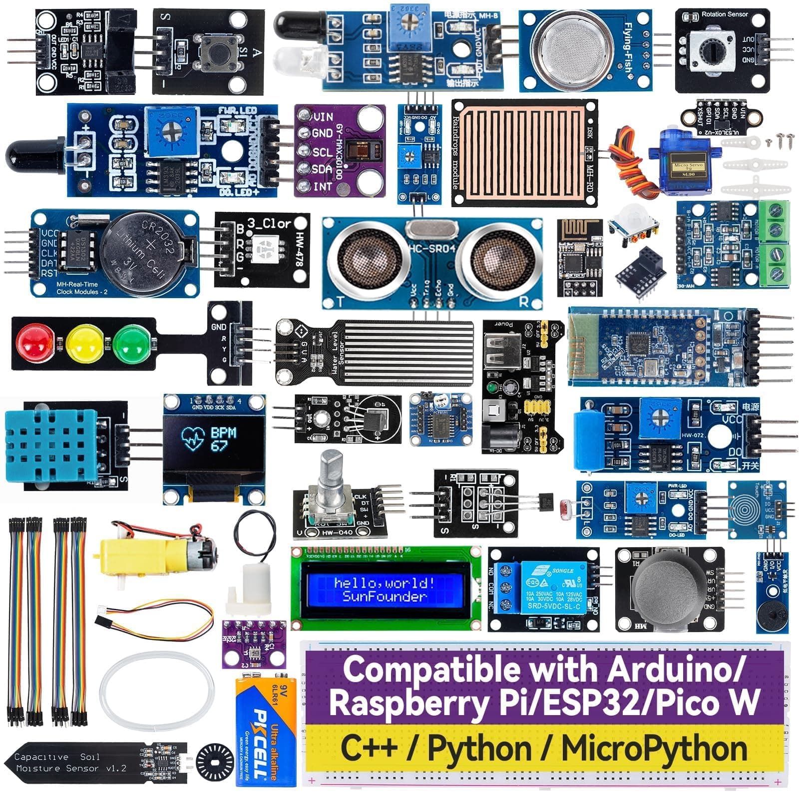 Universal Maker Sensor Kit Compatible with Arduino Mega/R3/R4 Minima/WiFi Nano, Raspberry Pi 5/4B/3B+/Zero 2 W/, Pico W, ESP32, C++, Python, MicroPython, Beginners & Engineers