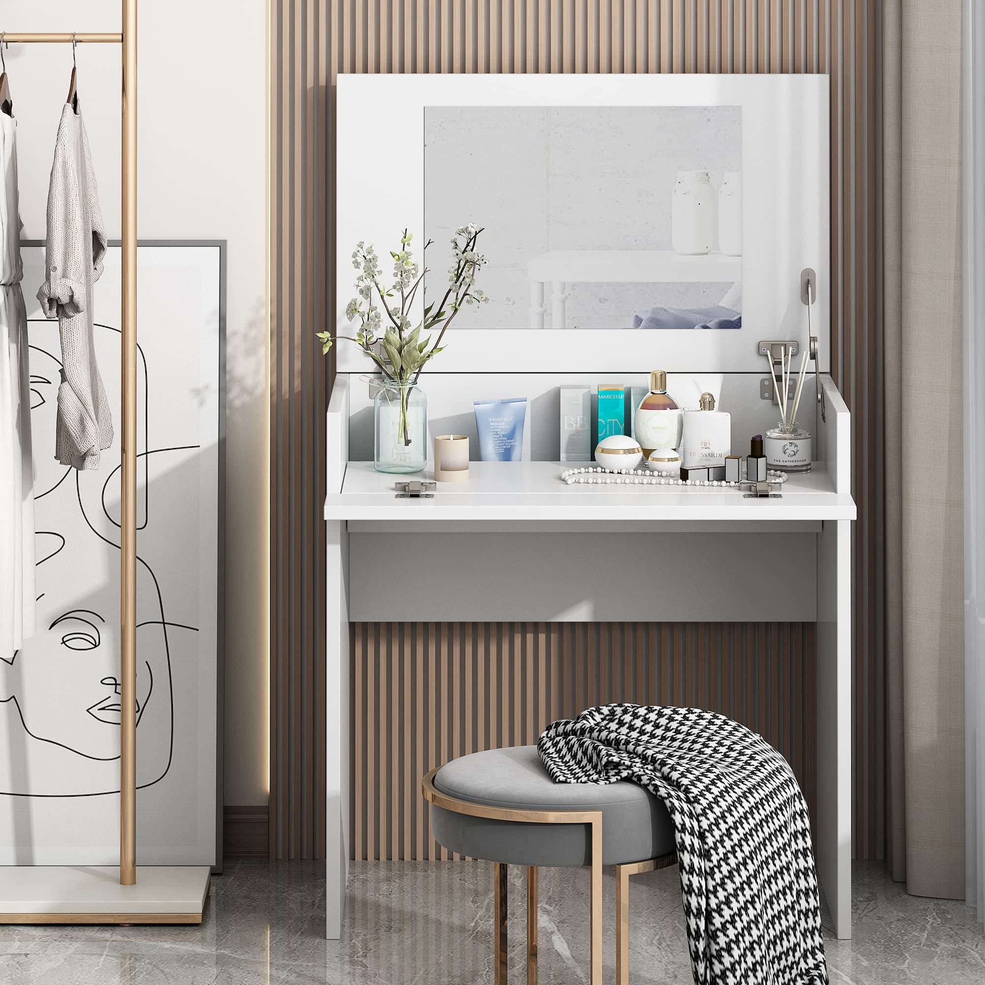 LAZYMOON Vanity Set with Flip up Mirror,Makeup Vanity Table for Bedroom Dresser Jewelry Storage White