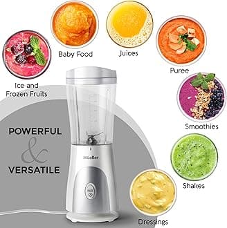 Mueller Smoothie Blender for Smoothies - Personal Blender for Shakes, Frozen Drinks, Baby Food & More, 15oz Travel Cup and Lid, Durable Stainless Steel Blades for Powerful Blending Performance, White